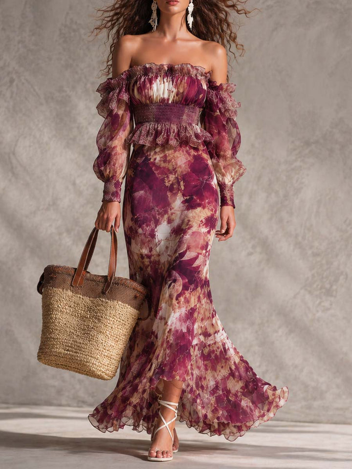 Maxi Floral Pink Dress with Off-the-Shoulder Design in Chiffon
