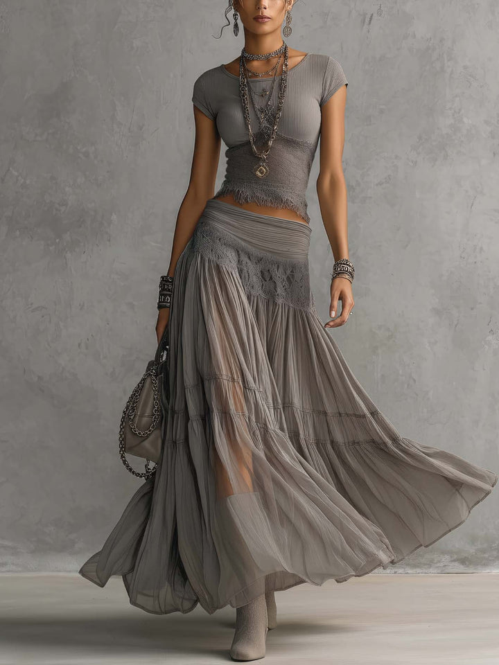 Gray Ensemble with Sheer Lace Top and Pleated Maxi Skirt