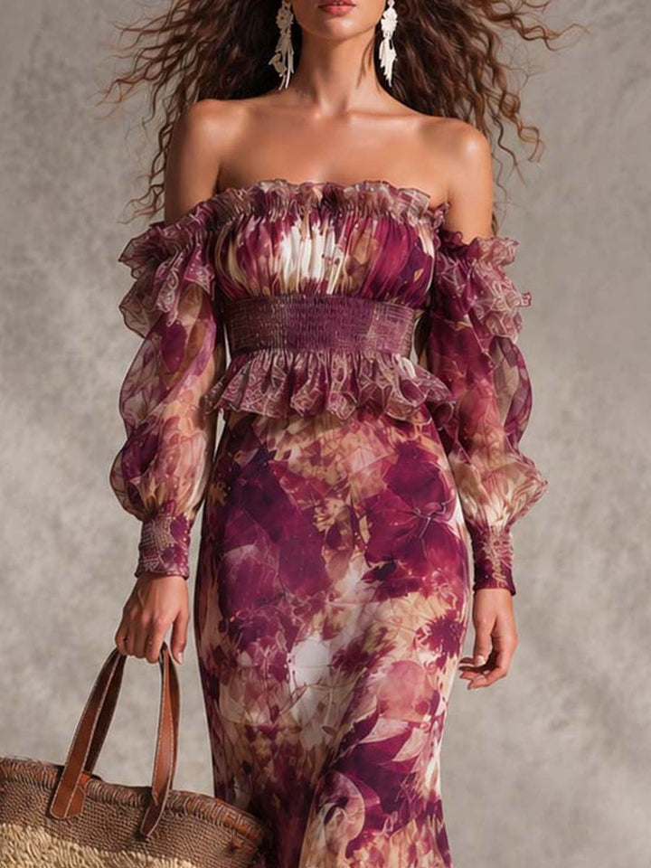 Maxi Floral Pink Dress with Off-the-Shoulder Design in Chiffon