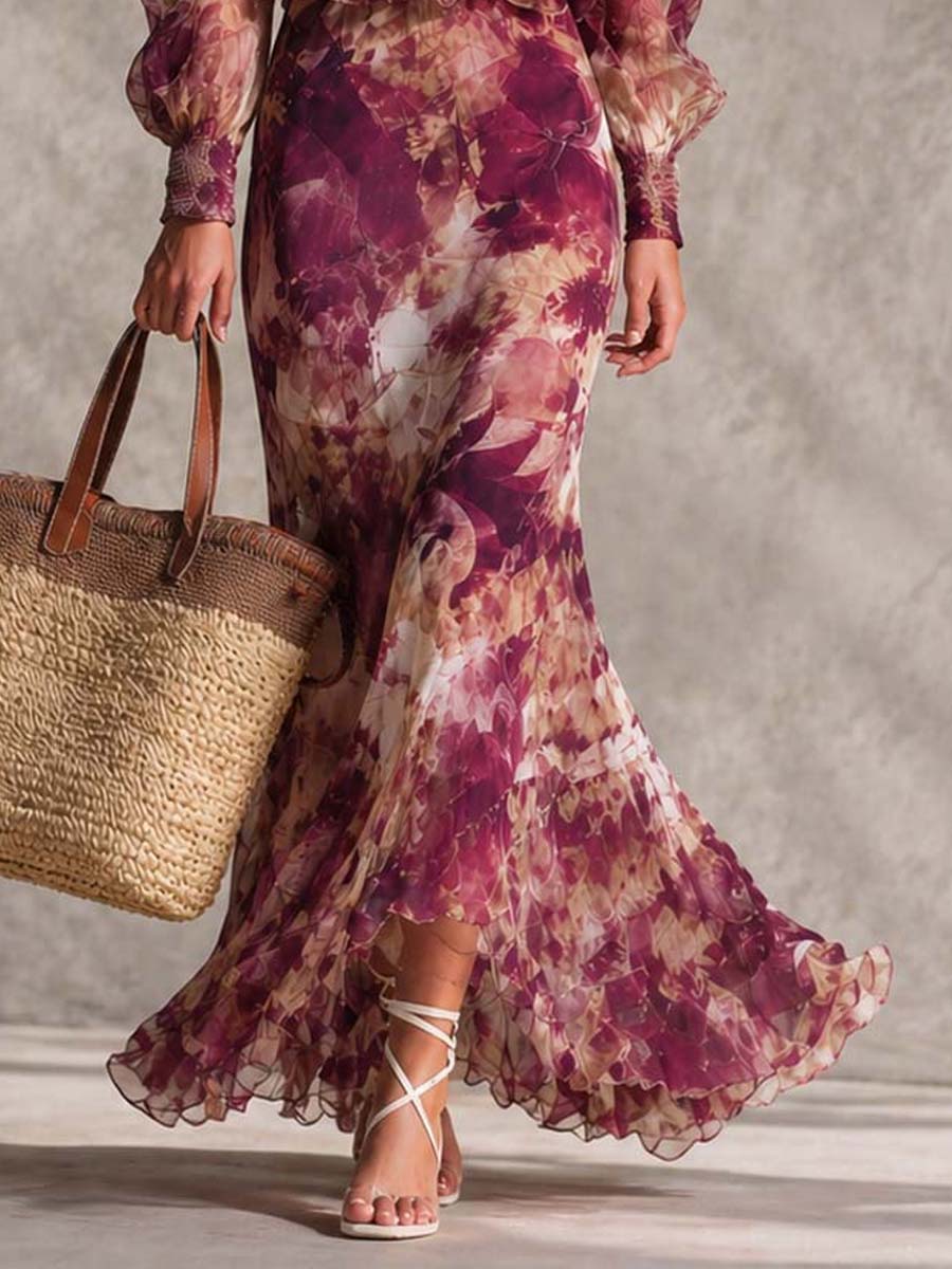 Maxi Floral Pink Dress with Off-the-Shoulder Design in Chiffon