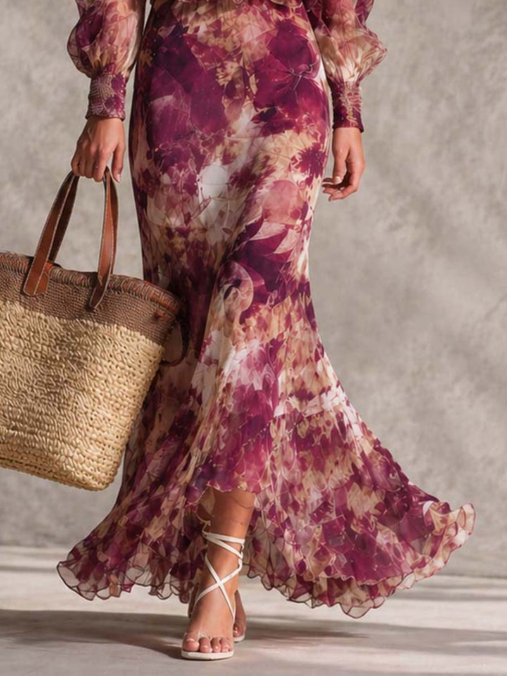 Maxi Floral Pink Dress with Off-the-Shoulder Design in Chiffon