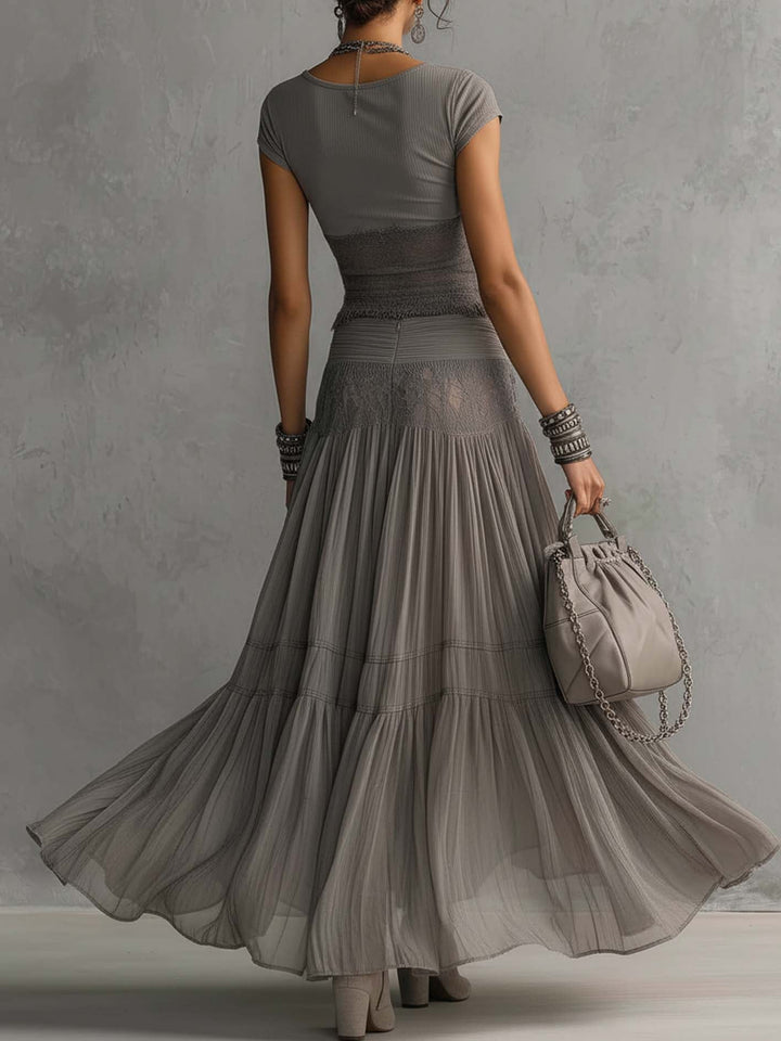 Gray Ensemble with Sheer Lace Top and Pleated Maxi Skirt
