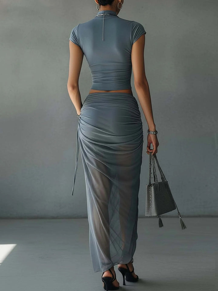 Blue Mesh Transparent Draped Top and Skirt Set