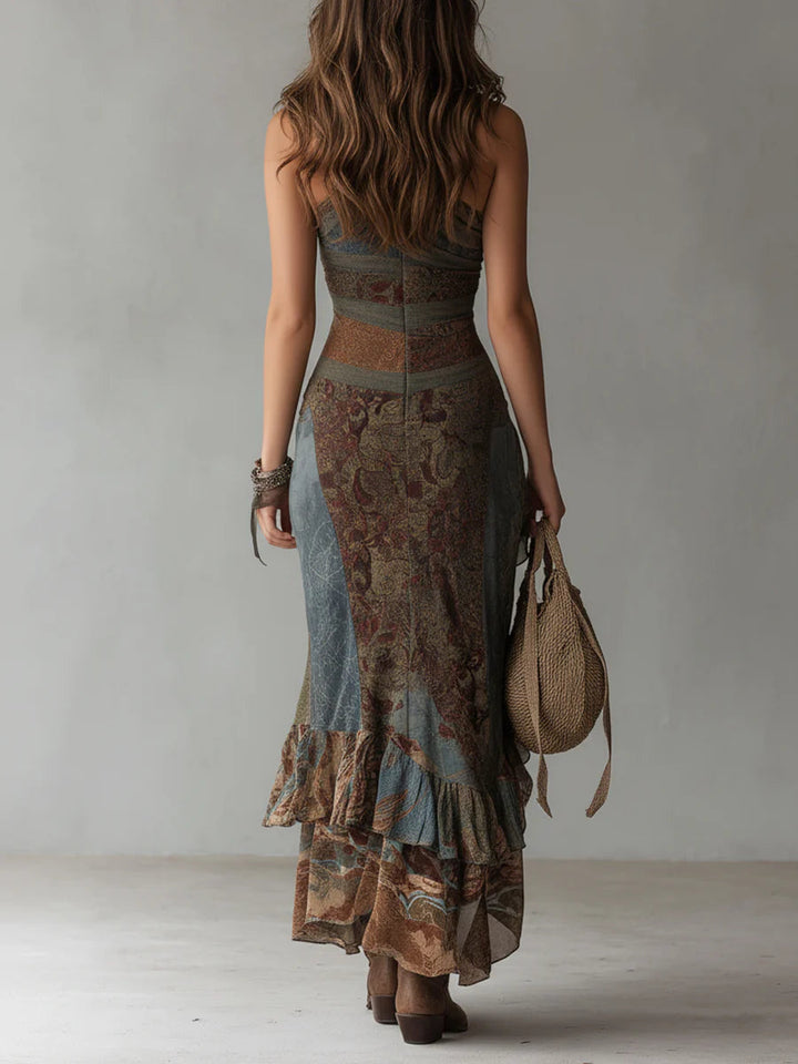 Gray Ethnic Print Maxi Dress with One Shoulder and High Slit