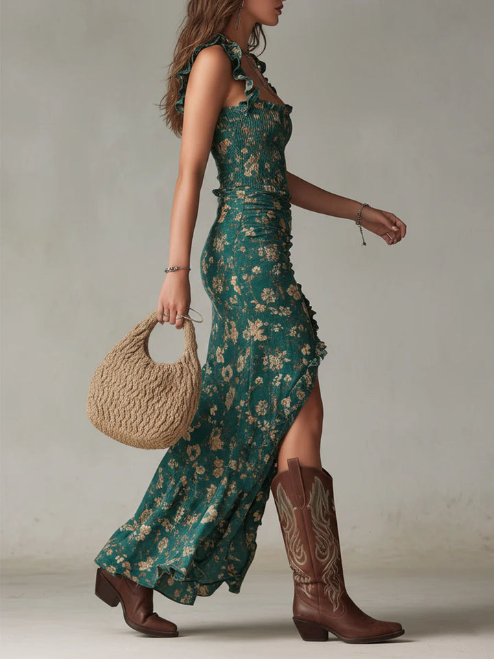 Green Bohemian Printed Maxi Dress with Ruffled Sleeves