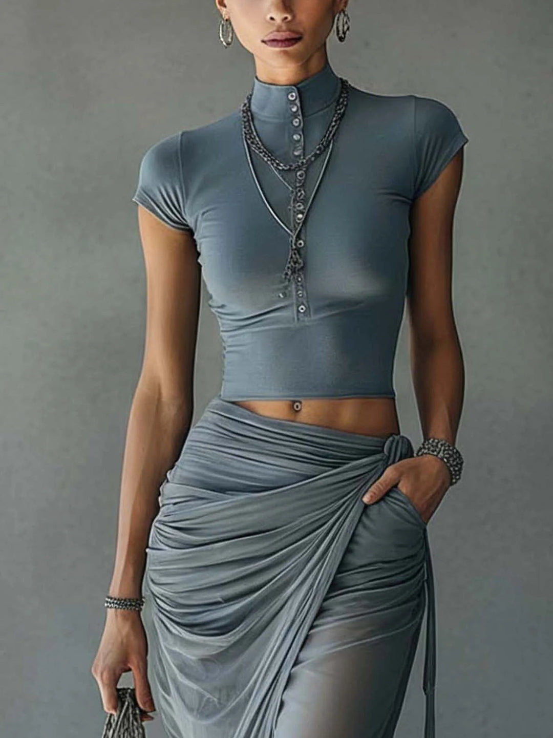 Blue Mesh Transparent Draped Top and Skirt Set