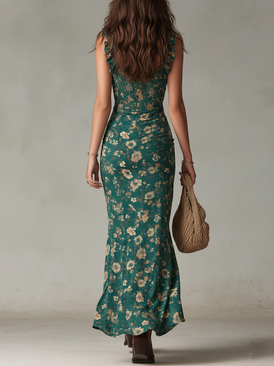 Green Bohemian Printed Maxi Dress with Ruffled Sleeves