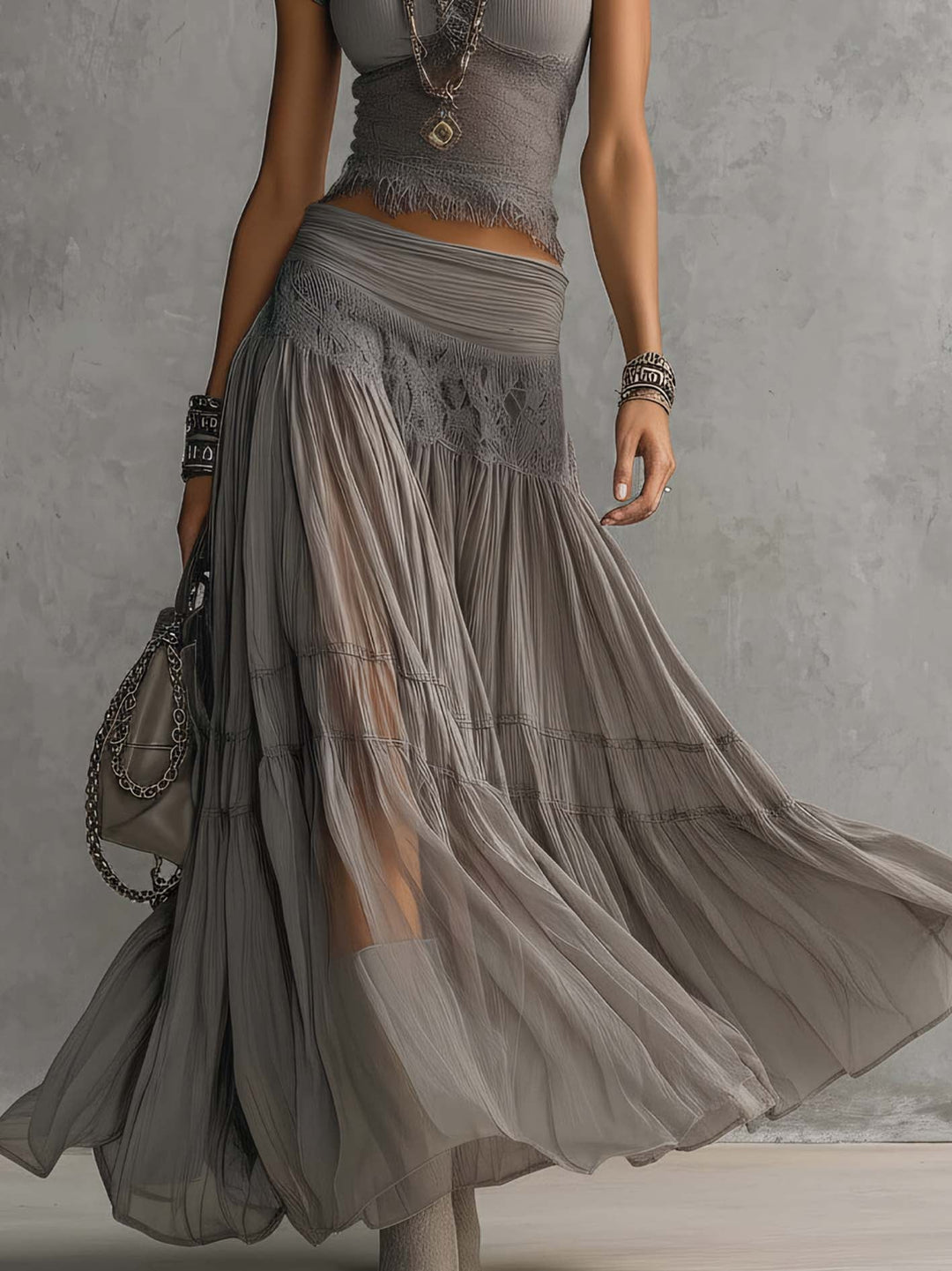 Gray Ensemble with Sheer Lace Top and Pleated Maxi Skirt