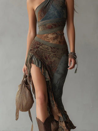 Ethnic-Style Printed One-Shoulder Maxi Dress with High Slit