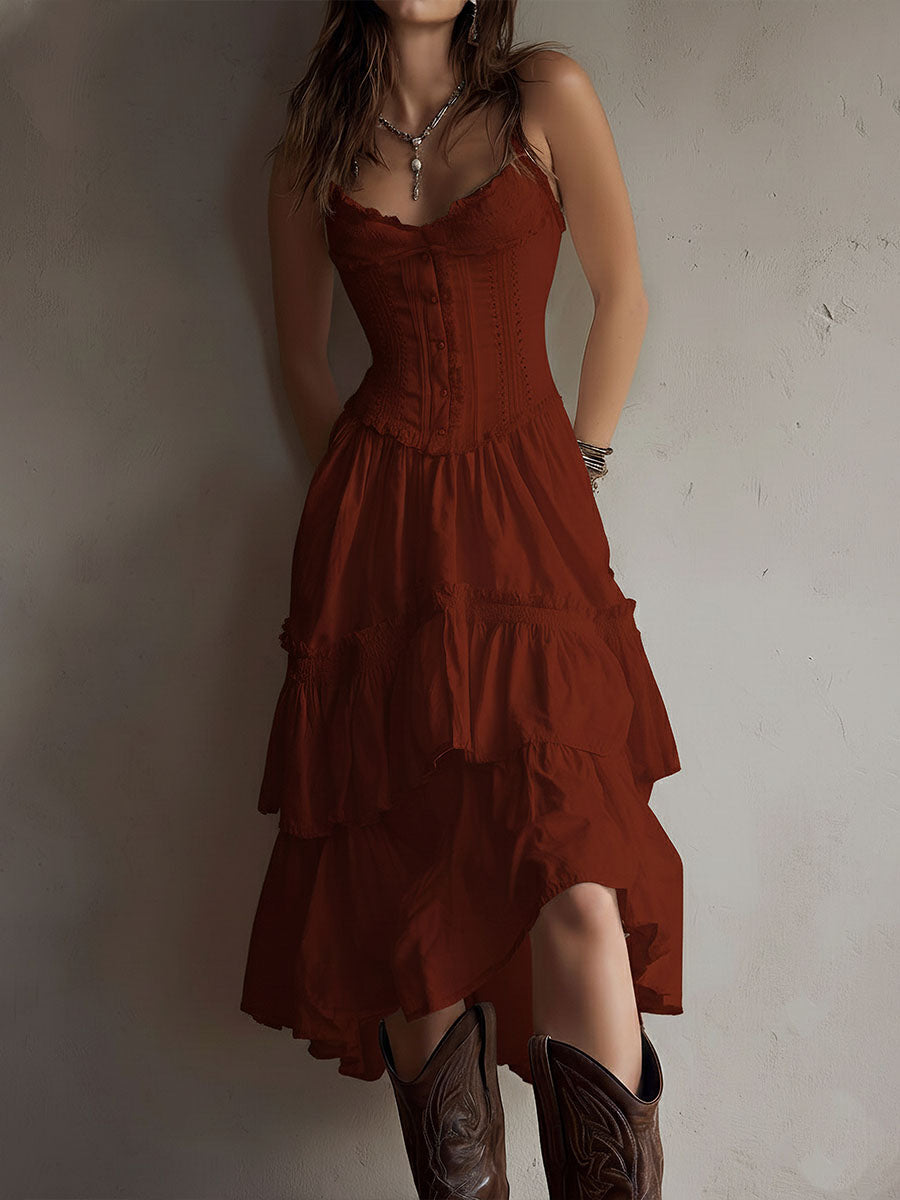 Marisol | Corset Tiered Lace-Trim Midi Dress for Women