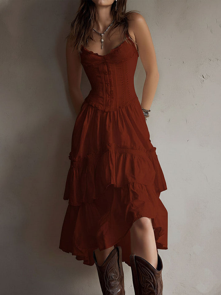 Marisol | Corset Tiered Lace-Trim Midi Dress for Women