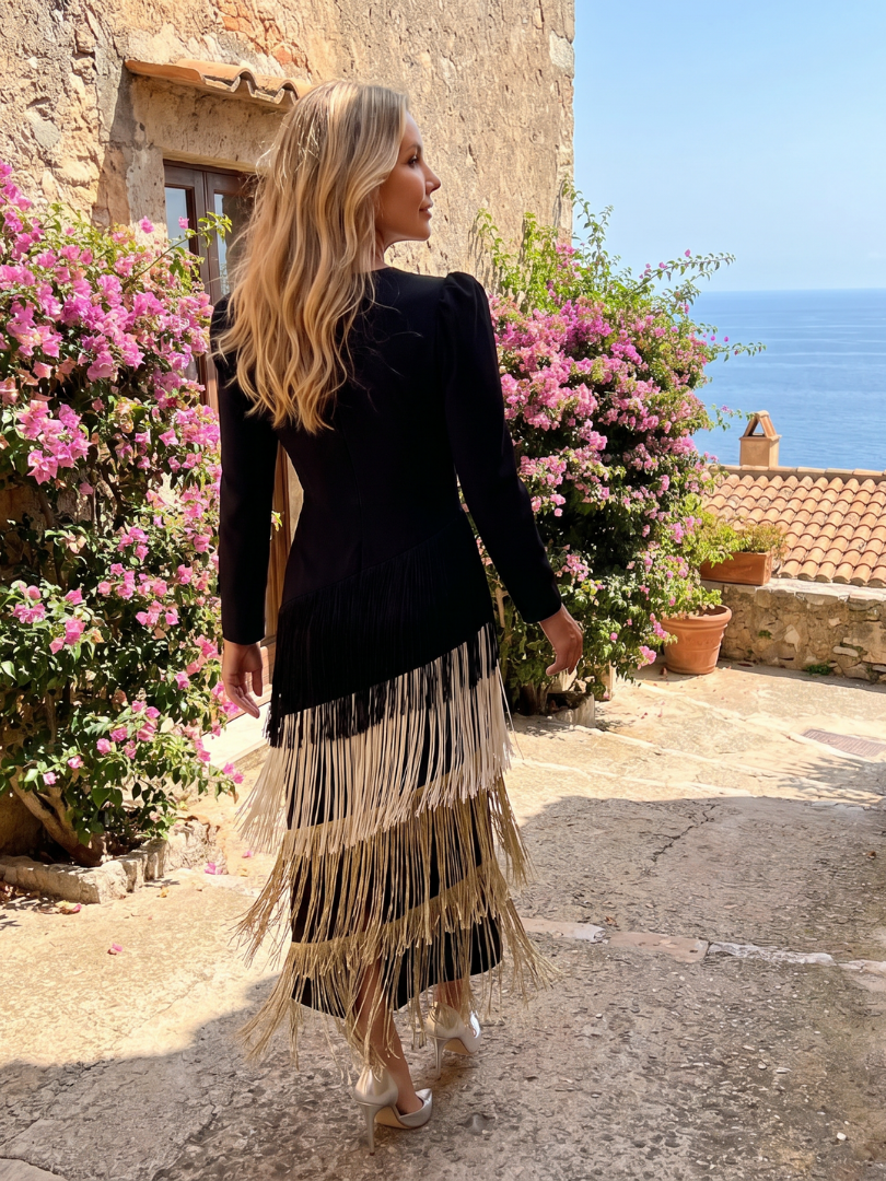 Willow & Mae Long Sleeve Soft Fringe Skirt Midi Dress