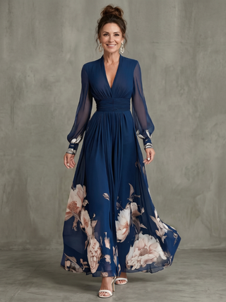 Willow & Mae Pleated Sheer Sleeves Maxi Dress