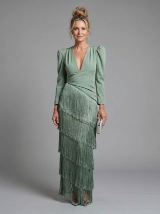 Willow & Mae Long Sleeve Soft Fringe Skirt Midi Dress