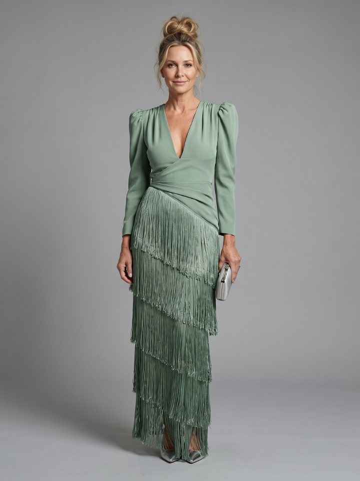 Willow & Mae Long Sleeve Soft Fringe Skirt Midi Dress