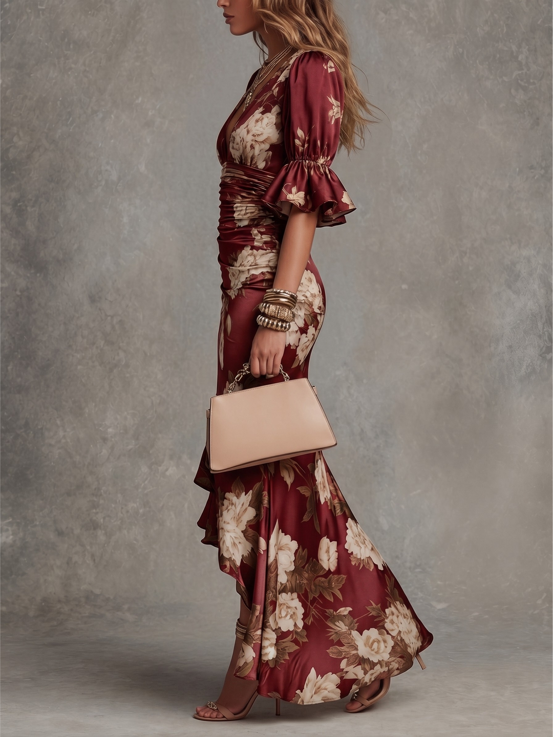 Serafina | Asymmetrical Long Dress with V-Neck, Flared Puff Sleeves, and Floral Pattern