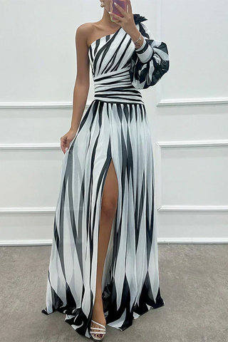 Willow & Mae™ |Elegant Striped Maxi Dress with One Shoulder