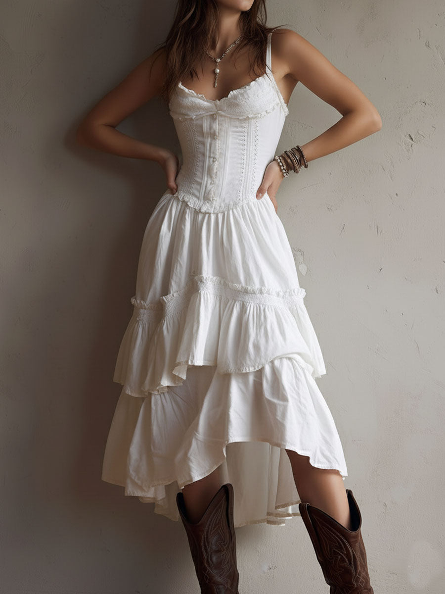 Marisol | Corset Tiered Lace-Trim Midi Dress for Women