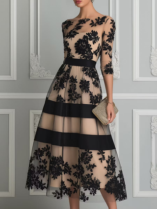 AUBREY | Floral Lace Midi Dress with Sheer Overlay