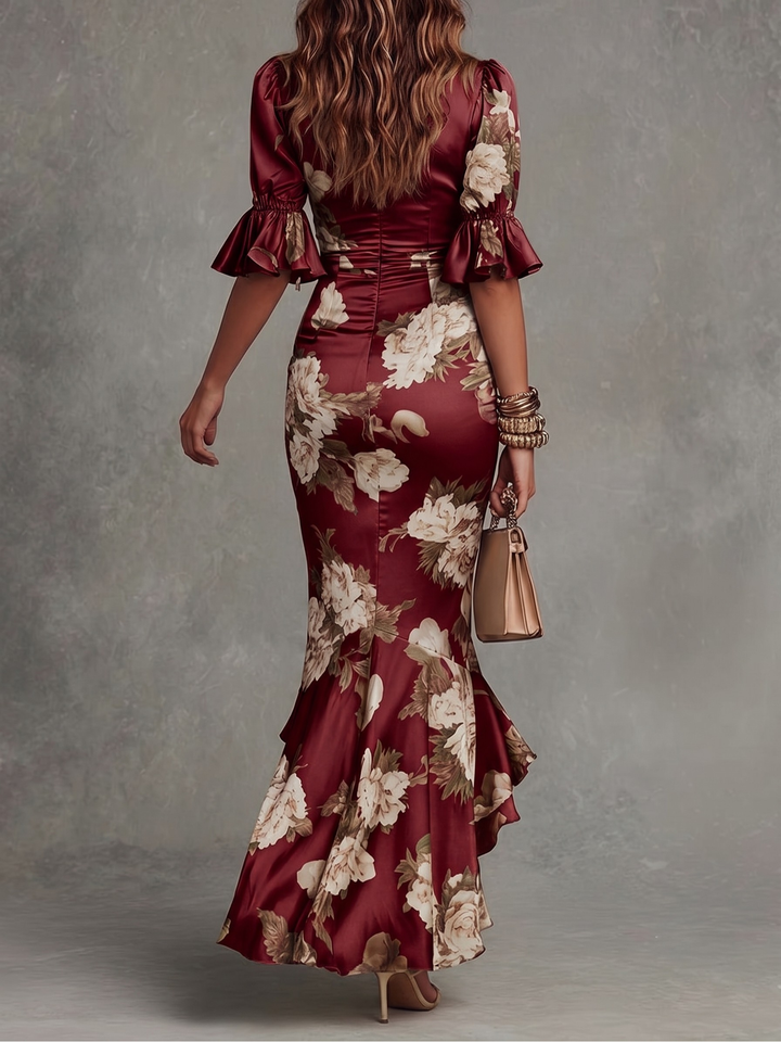 Serafina | Asymmetrical Long Dress with V-Neck, Flared Puff Sleeves, and Floral Pattern
