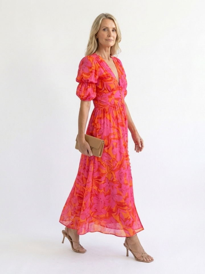 Willow & Mae™ | Floral V Neck Puff Sleeve Midi Dress
