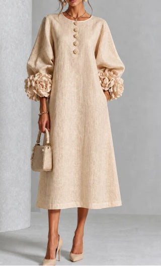 IVY | Floral Midi Dress with Rose-Cuff Sleeves
