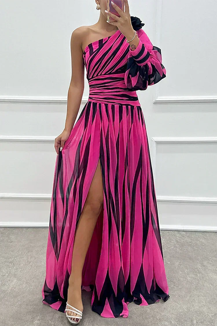 Willow & Mae™ |Elegant Striped Maxi Dress with One Shoulder