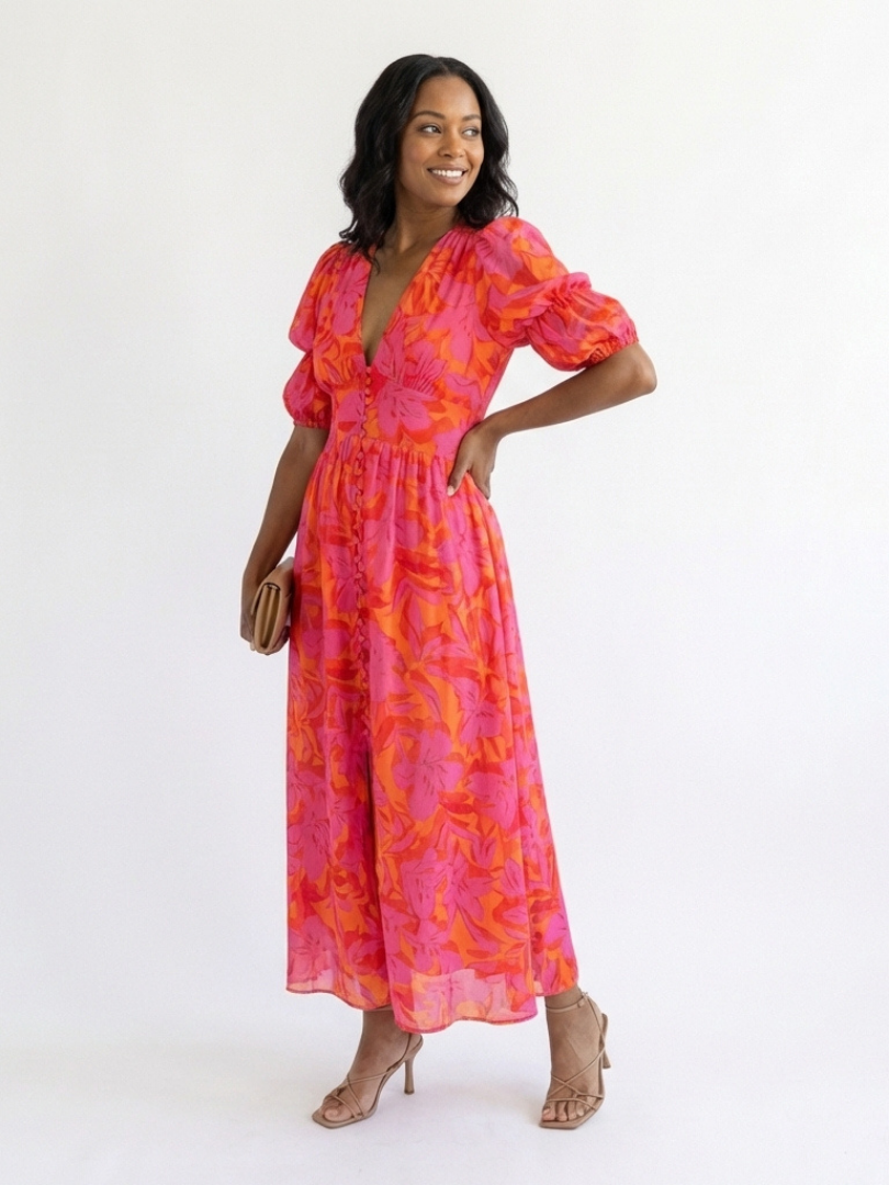 Willow & Mae™ | Floral V Neck Puff Sleeve Midi Dress