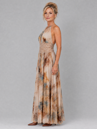 Elavenue™ Halter Neck Lace Waist Maxi Dress