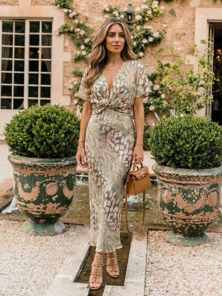 Willow & Mae™ | Abstract Print V Neck Twist Waist Midi Dress