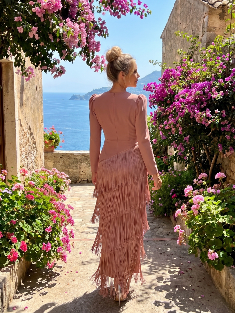 Willow & Mae Long Sleeve Soft Fringe Skirt Midi Dress
