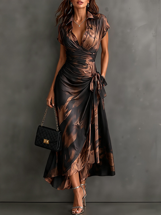 Red Black Abstract Print Wrap Midi Dress Collared V Neck Short Sleeve Tie Waist Ruffled High‑Low Hem Dress