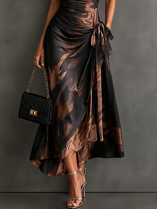 Brown Black Abstract Print Wrap Midi Dress Collared V Neck Short Sleeve Tie Waist Ruffled High‑Low Hem Dress