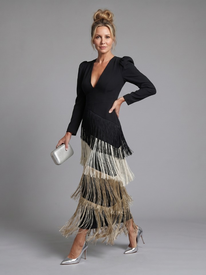 Willow & Mae Long Sleeve Soft Fringe Skirt Midi Dress