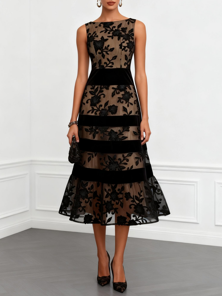 Black Floral Mesh Midi Dress Sleeveless A-Line
