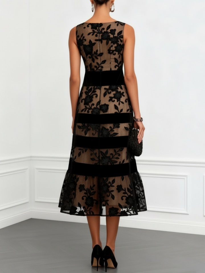 Black Floral Mesh Midi Dress Sleeveless A-Line