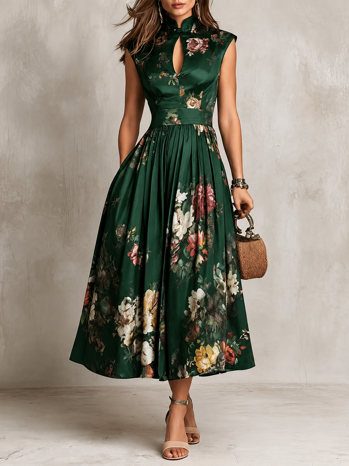 Florence | Floral Mandarin-Neck Midi Dress for Women