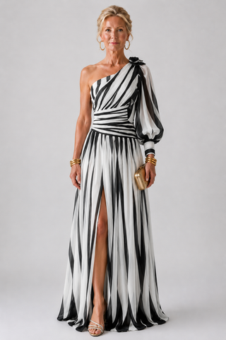 Willow & Mae™ |Elegant Striped Maxi Dress with One Shoulder