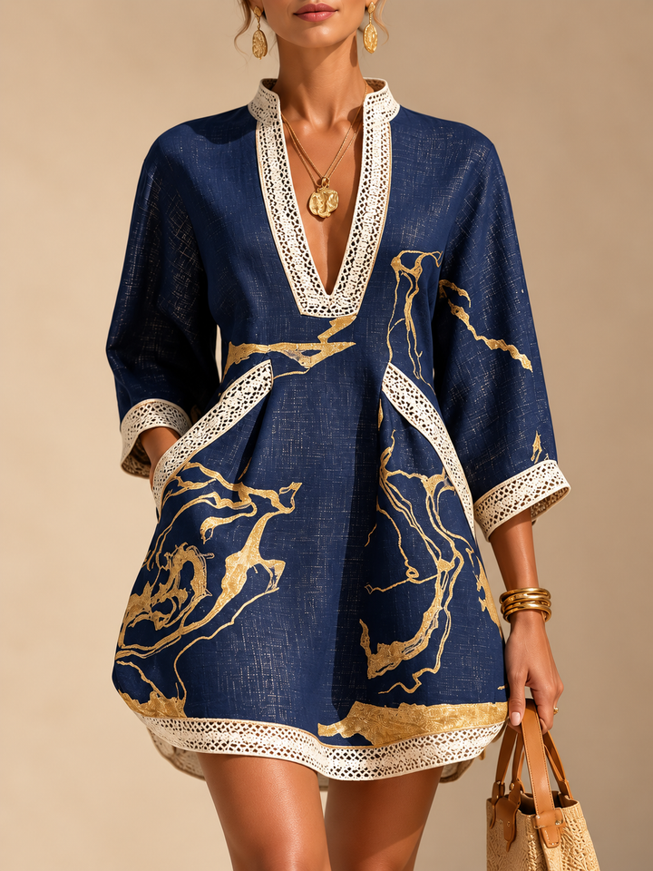 COSETTE | NAVY CROCHET LACE V-NECK MINI DRESS WITH GOLD DETAILS