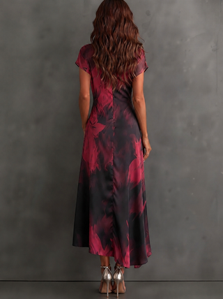 Red Black Abstract Print Wrap Midi Dress Collared V Neck Short Sleeve Tie Waist Ruffled High‑Low Hem Dress