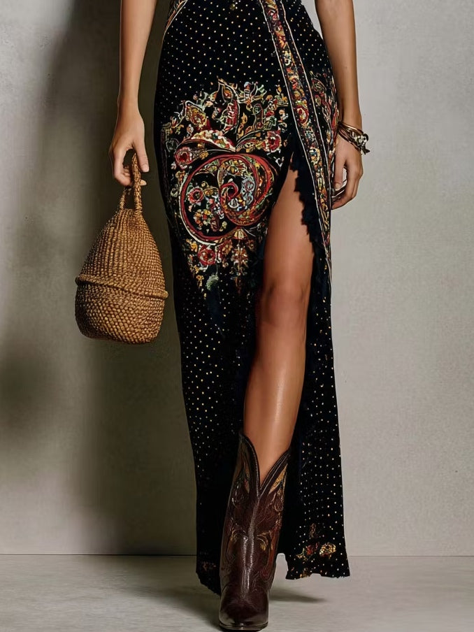 Black Maxi Dress Bohemian Style Ethnic Print Deep V-Neck and High Slit