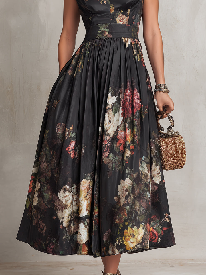 Black Satin Midi Dress with Keyhole Neckline and Floral Print Pleats