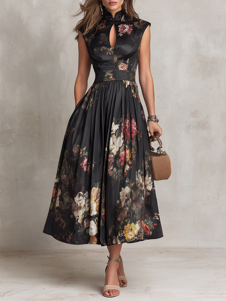 Black Satin Midi Dress with Keyhole Neckline and Floral Print Pleats