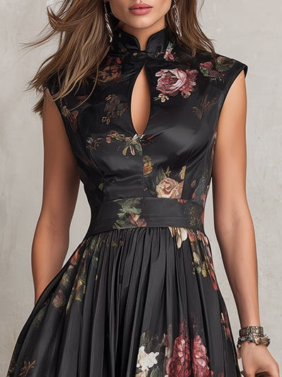 Black Satin Midi Dress with Keyhole Neckline and Floral Print Pleats