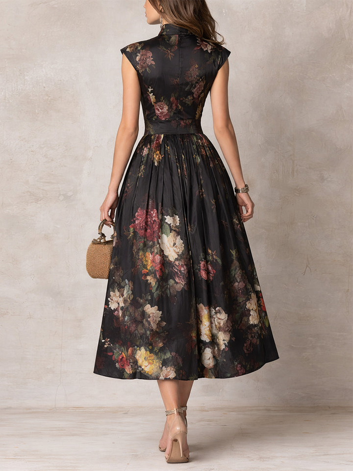 Black Satin Midi Dress with Keyhole Neckline and Floral Print Pleats