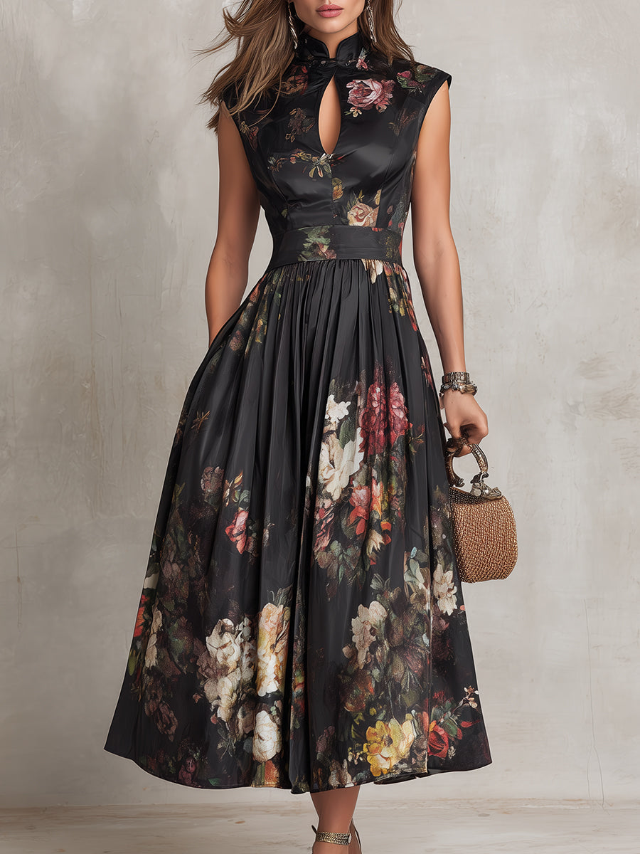 Black Satin Midi Dress with Keyhole Neckline and Floral Print Pleats