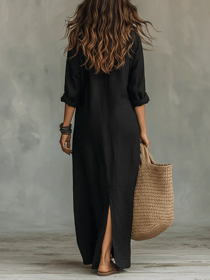 Céline™ | Black Loose Maxi Dress with Buttons