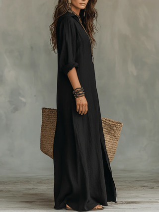 Soline™ | Loose Black Maxi Dress with Buttons
