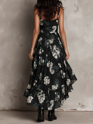 Black Bohemian Floral Print Irregular Strapless Maxi Dress