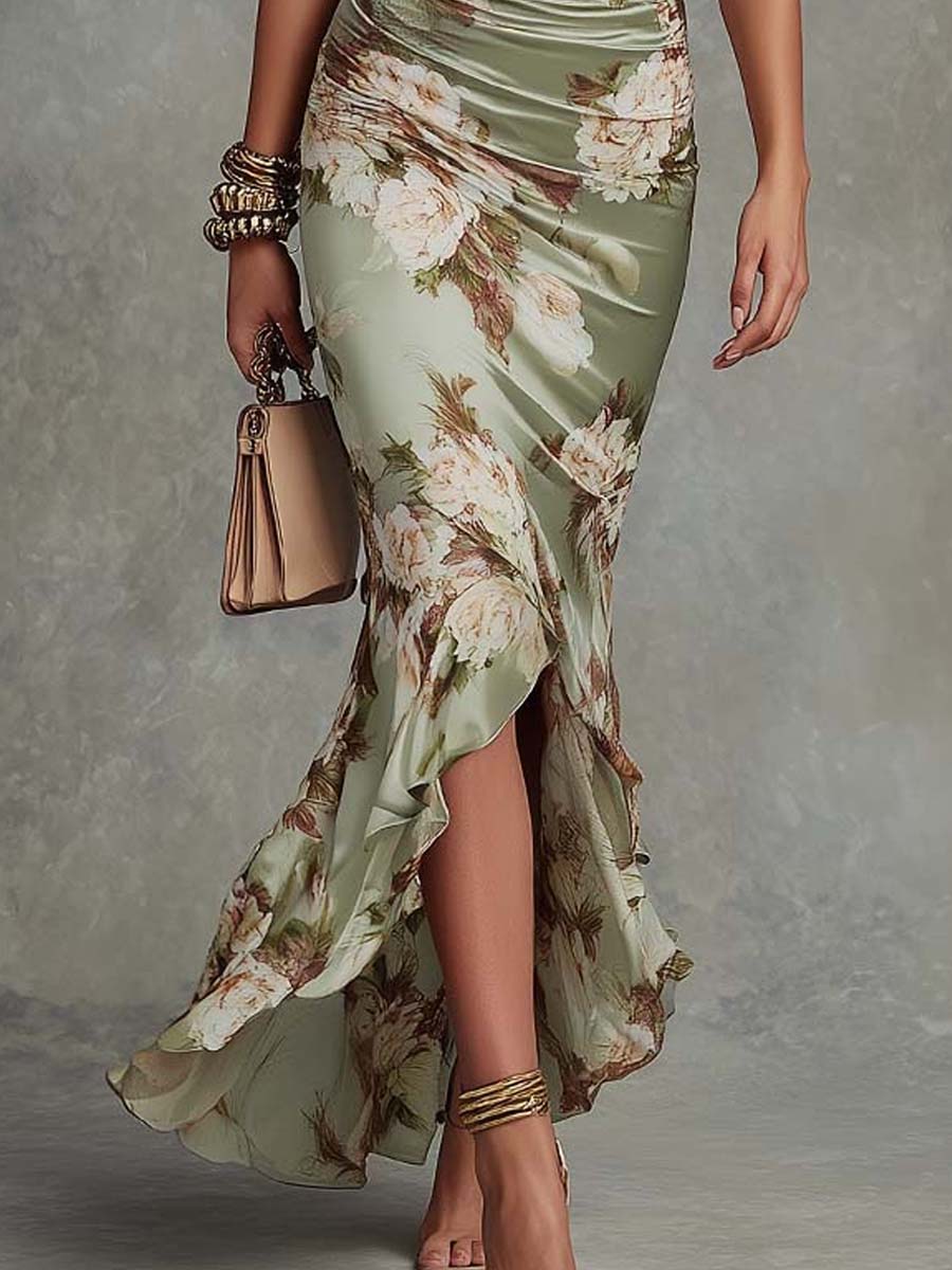 Green Floral Maxi Dress with Bell Sleeves and Asymmetric V-Neck in Satin